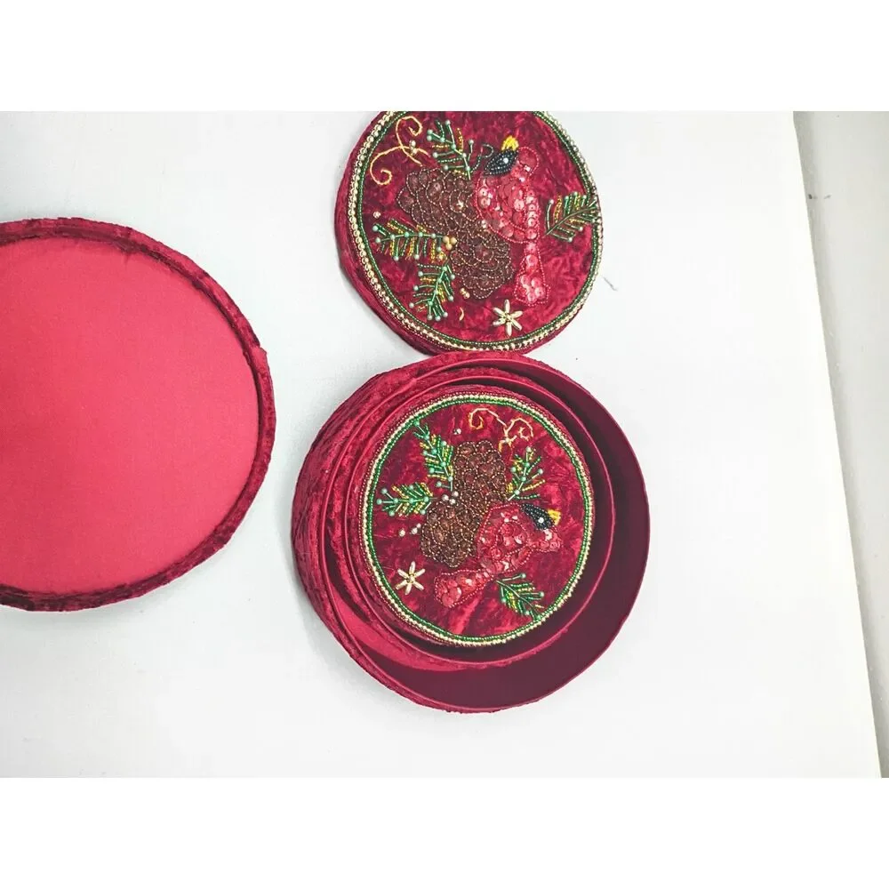 Vintage Red Velvet Christmas Gift Boxes Trinket Home Decor Cardinals Stackable